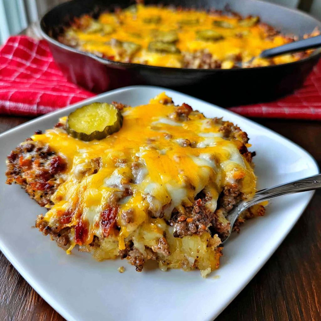A delicious slice of Low-Carb Bacon Cheeseburger Casserole topped with melted cheddar cheese and a pickle slice.