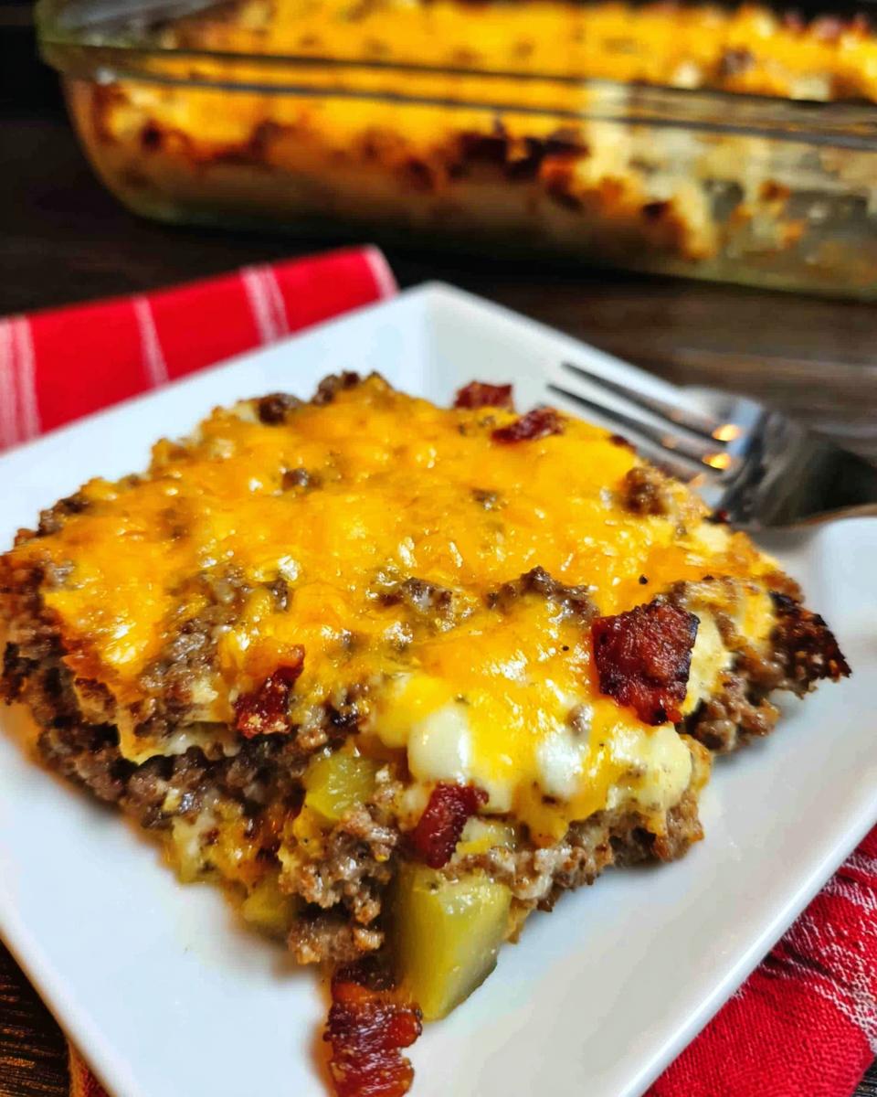 A delicious slice of Low-Carb Bacon Cheeseburger Casserole topped with melted cheddar cheese and bacon bits.