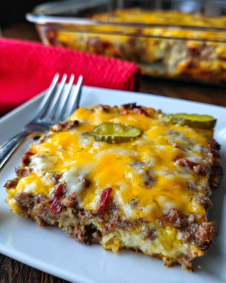 A delicious slice of Low-Carb Bacon Cheeseburger Casserole topped with melted cheese and pickles.