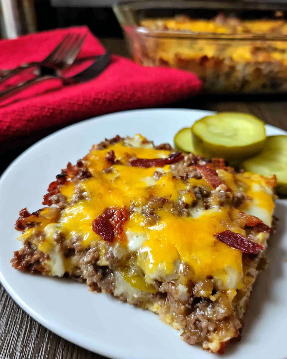 A slice of Low-Carb Bacon Cheeseburger Casserole topped with melted cheddar cheese and bacon.