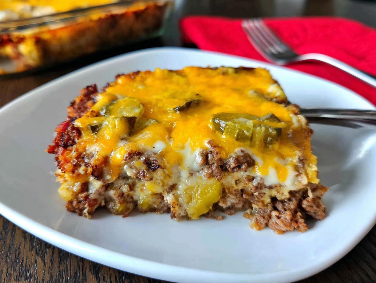 A delicious slice of Low-Carb Bacon Cheeseburger Casserole topped with melted cheese and pickles.