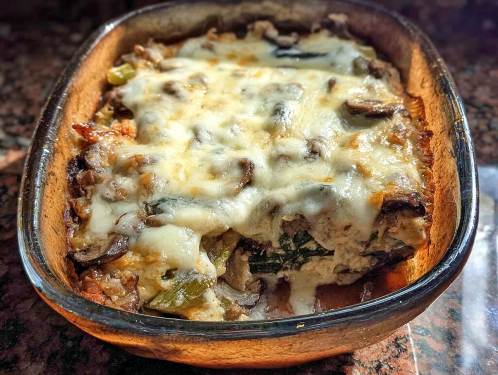 A close-up view of a baked Low Carb Philly Cheesesteak Casserole in a glass baking dish, topped with melted cheese and visible ingredients like mushrooms and peppers.