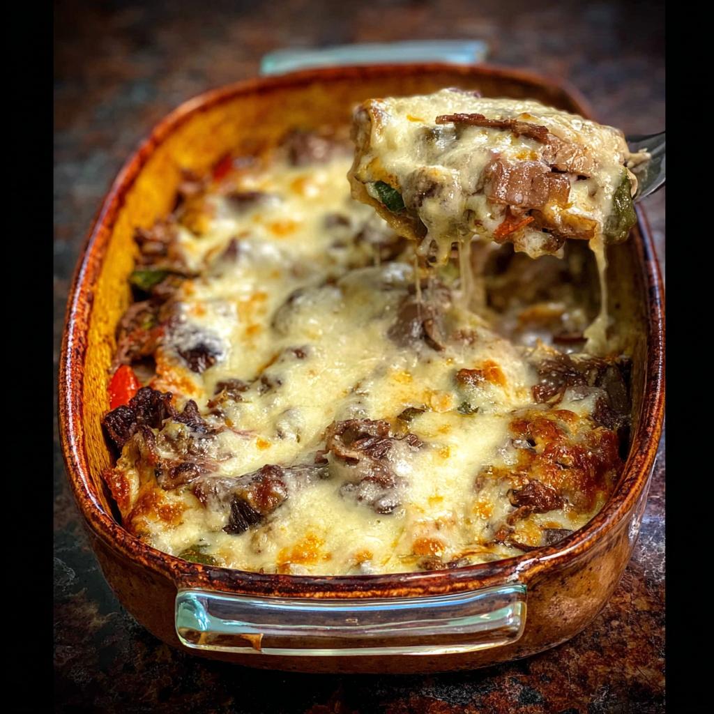 A fork lifting a cheesy portion from a bubbling Low Carb Philly Cheesesteak Casserole.