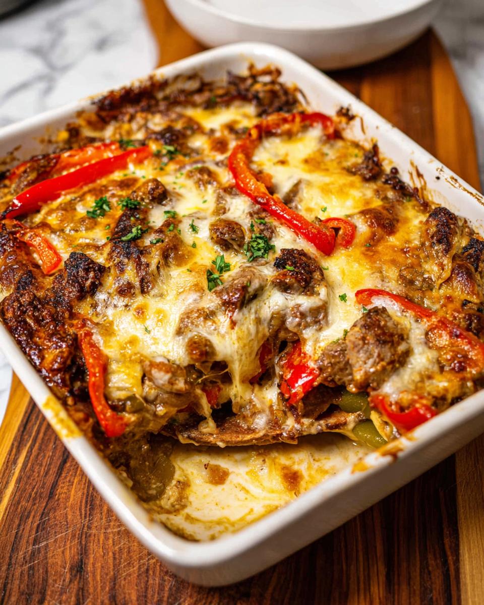 A bubbling Low Carb Philly Cheesesteak Casserole topped with melted cheese, sliced red peppers, and fresh parsley.