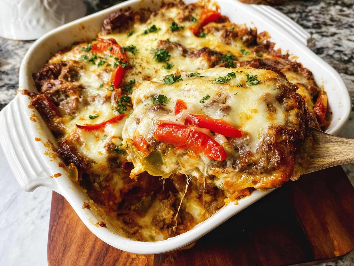A scoop of Low Carb Philly Cheesesteak Casserole with melted cheese, peppers, and ground beef.