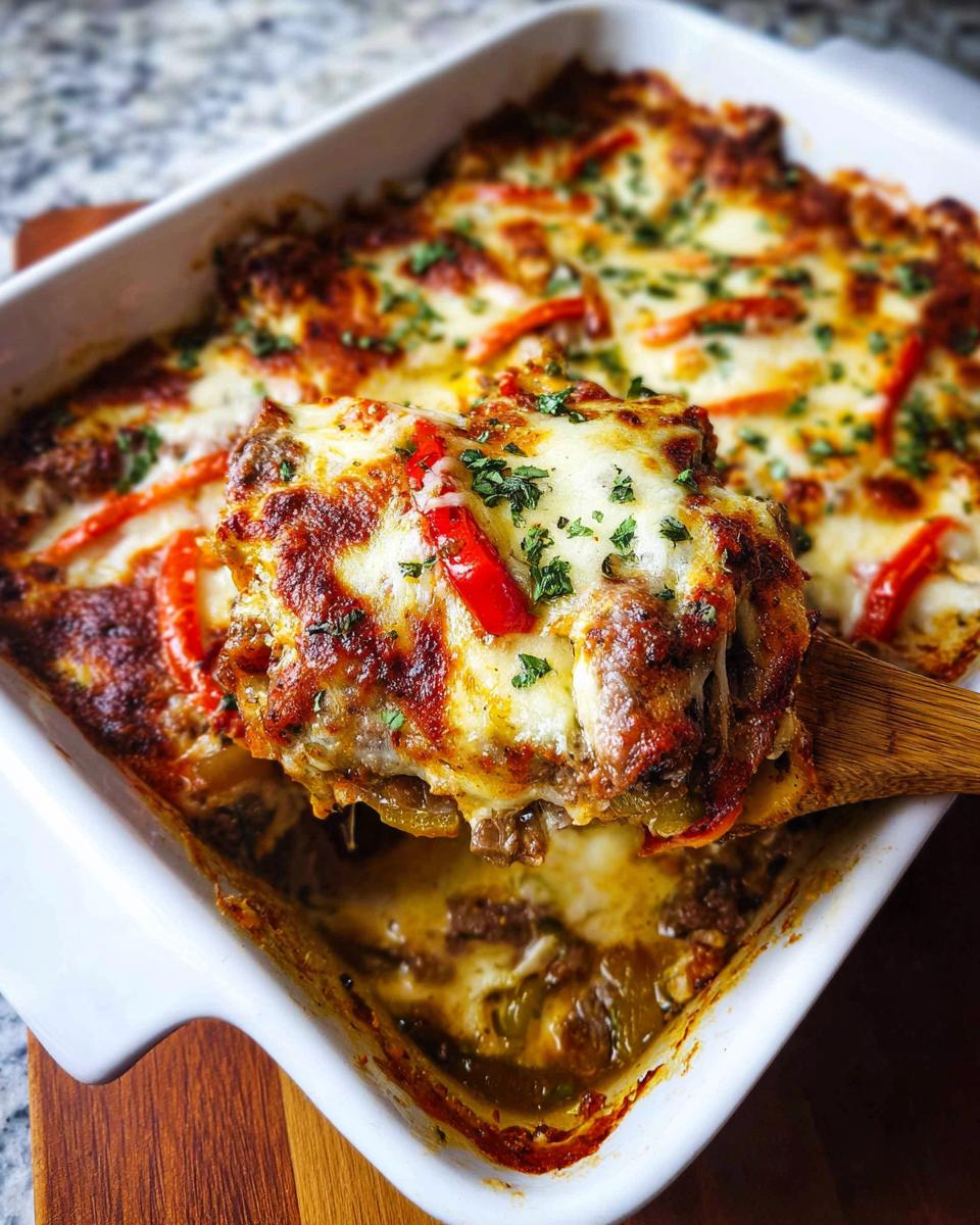 A scoop of Low Carb Philly Cheesesteak Casserole being lifted from a baking dish, showing melted cheese, beef, and peppers.