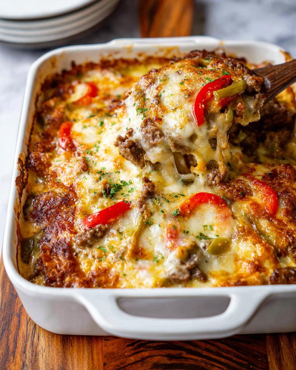 A serving spoon lifting a cheesy portion of Low Carb Philly Cheesesteak Casserole from a white baking dish.