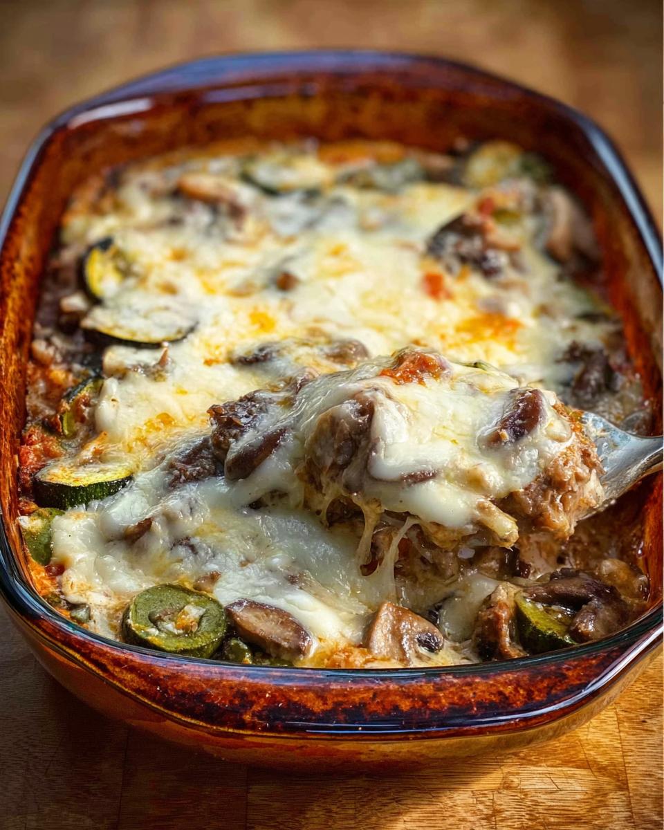 A serving spoon lifts a portion of Low Carb Philly Cheesesteak Casserole, revealing melted cheese, zucchini, mushrooms, and ground beef.