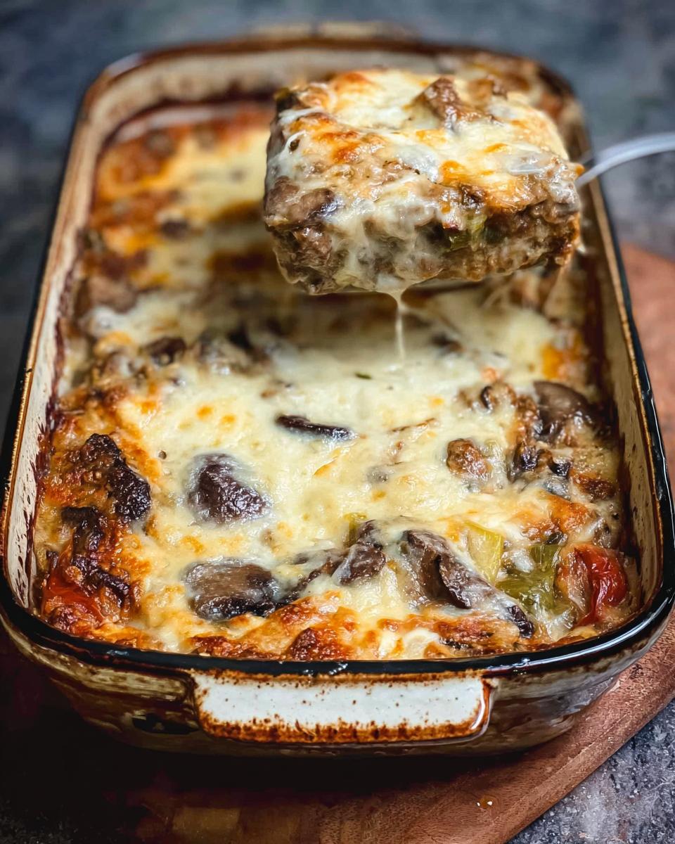 A serving of cheesy Low Carb Philly Cheesesteak Casserole being lifted from a baking dish, showing melted cheese and steak.
