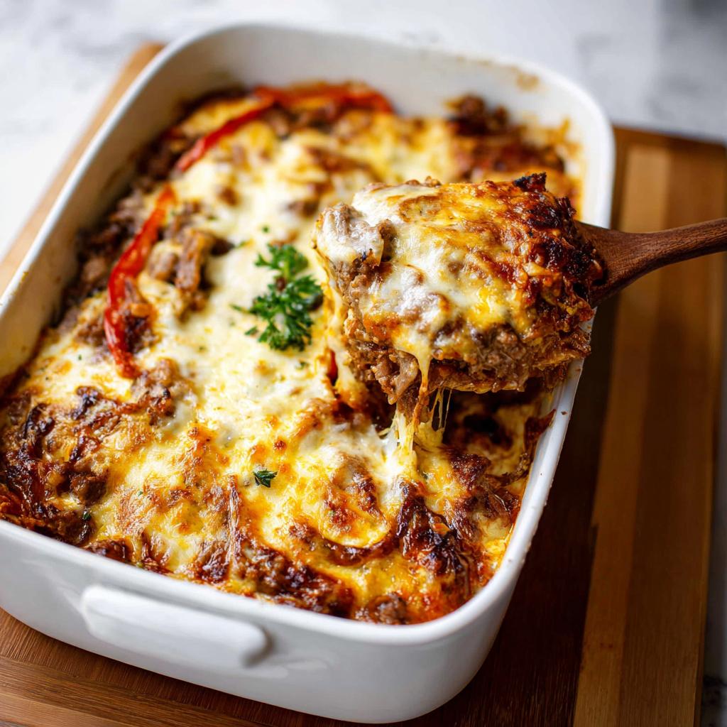 A serving spoon lifts a cheesy portion from a bubbling Low Carb Philly Cheesesteak Casserole.
