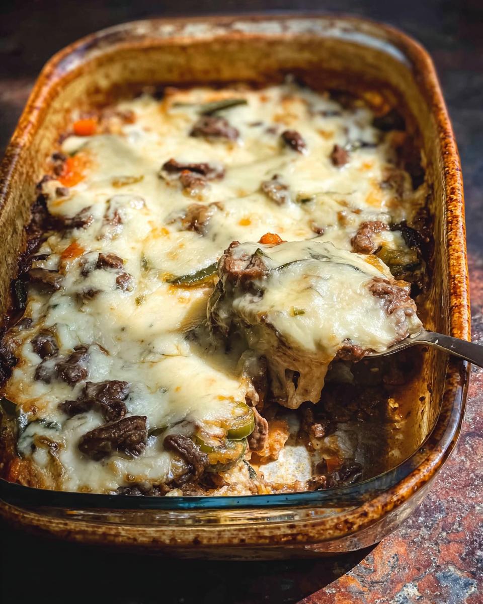 A spoonful of cheesy Low Carb Philly Cheesesteak Casserole being lifted from a baking dish, showing steak, peppers, and melted cheese.