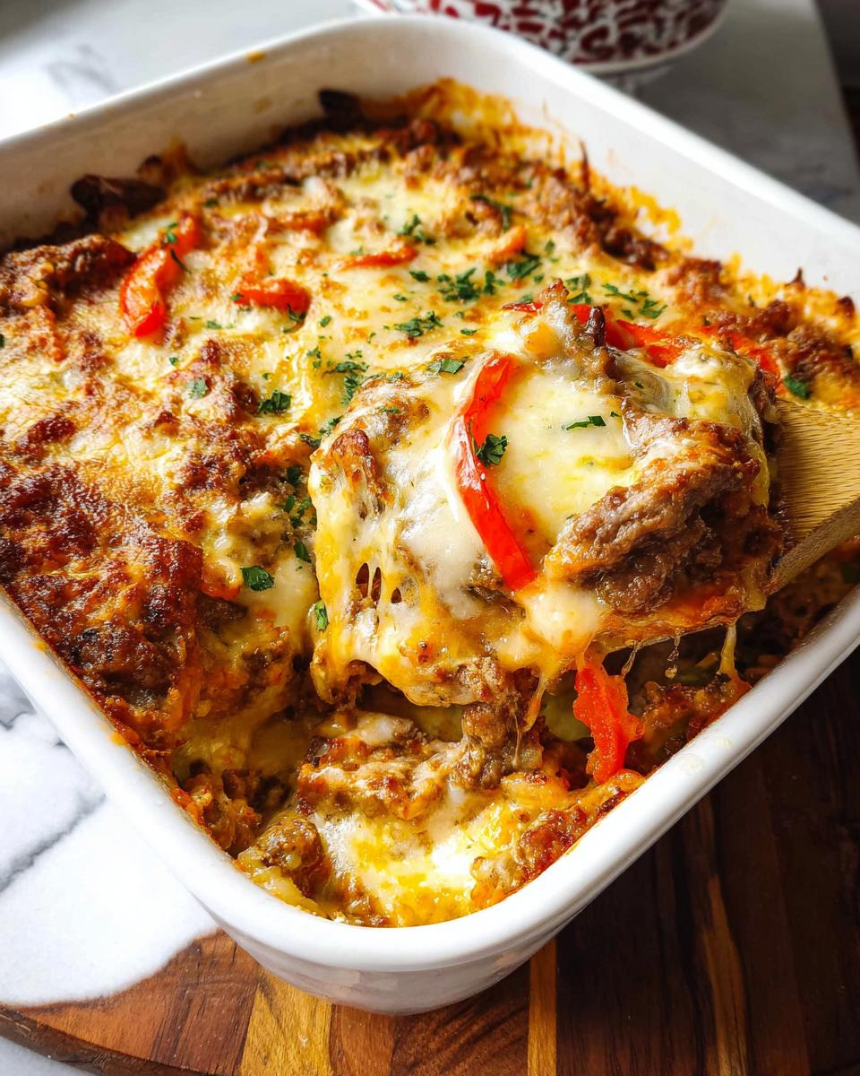 A spoonful of cheesy Low Carb Philly Cheesesteak Casserole being lifted from a white baking dish, showing melted cheese and red peppers.