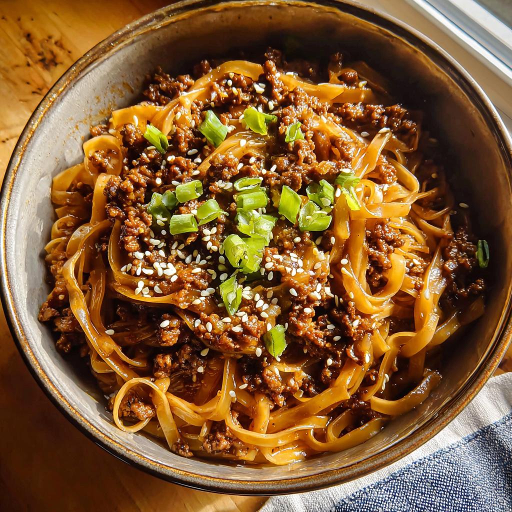 A close-up overhead view of a bowl of Mongolian Ground Beef Noodles, garnished with sesame seeds and chopped green onions.