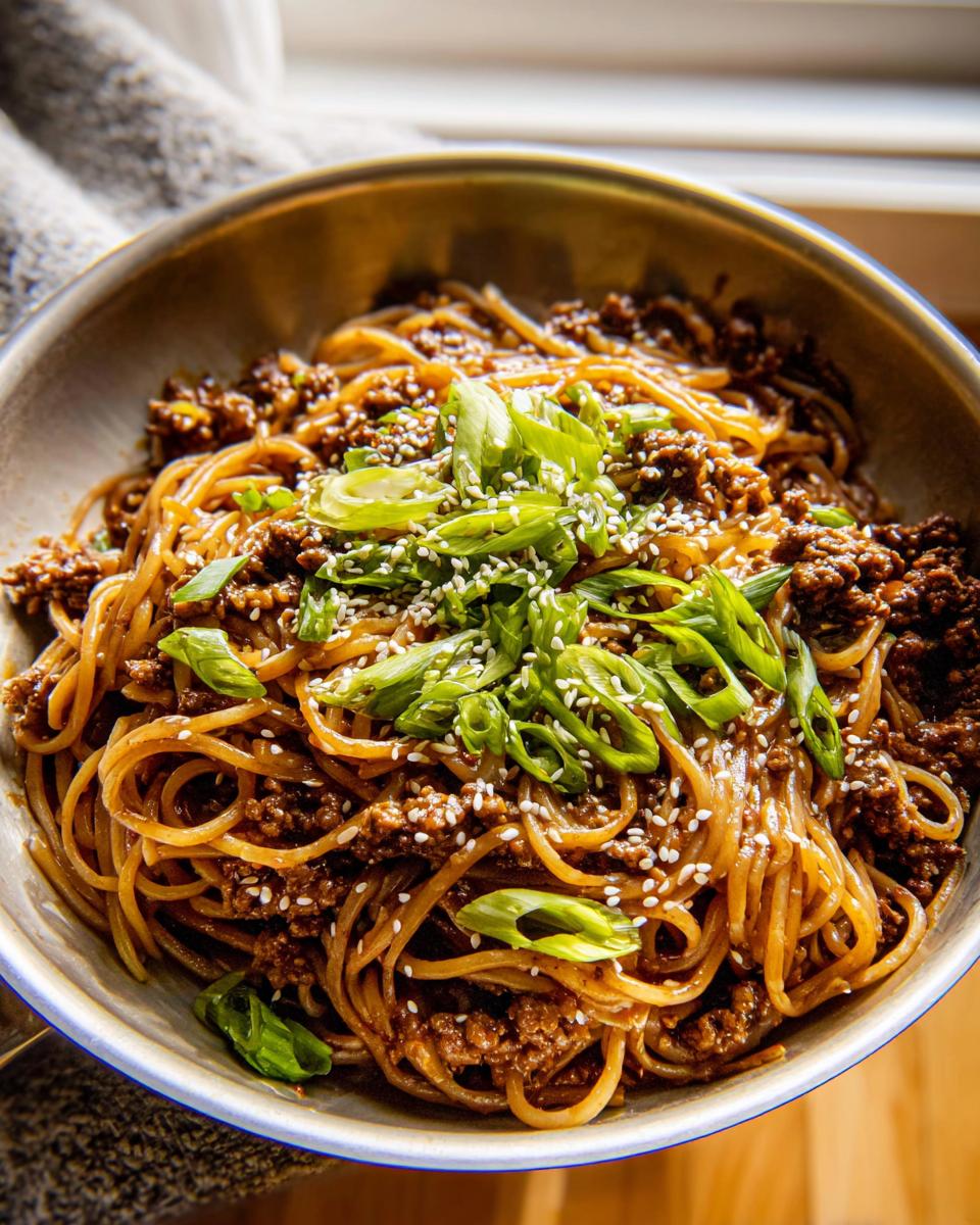 A close-up shot of a bowl filled with Mongolian Ground Beef Noodles, garnished with green onions and sesame seeds.