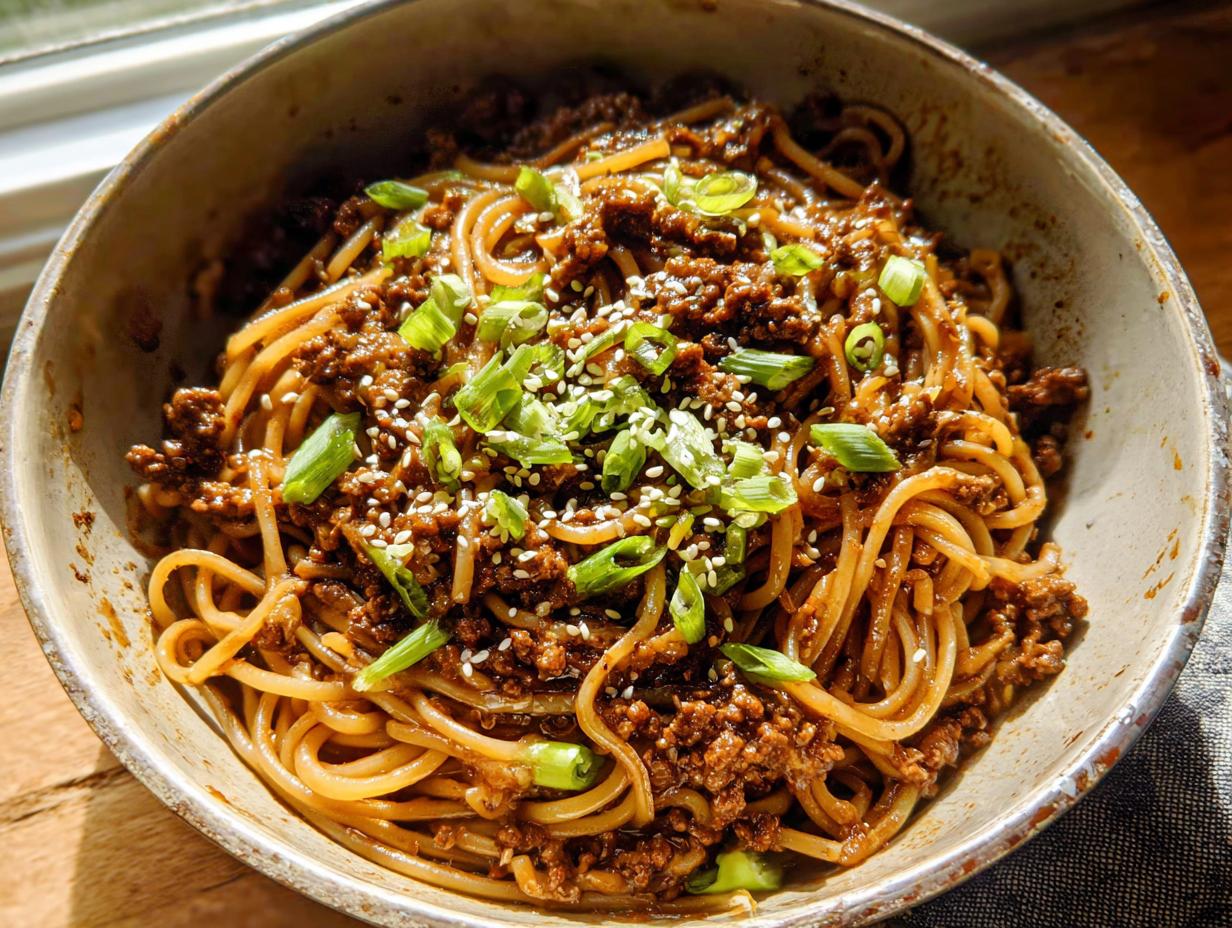 A close-up of a rustic bowl filled with Mongolian Ground Beef Noodles, garnished with green onions and sesame seeds.