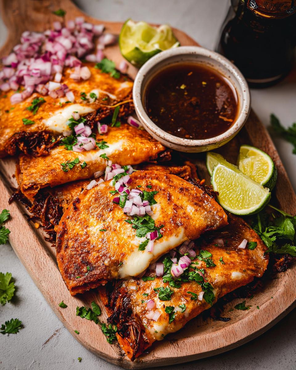 A close-up of My Fave Birria Tacos, perfectly crisped and filled with cheese, topped with red onion and cilantro, served with lime wedges and consomé.