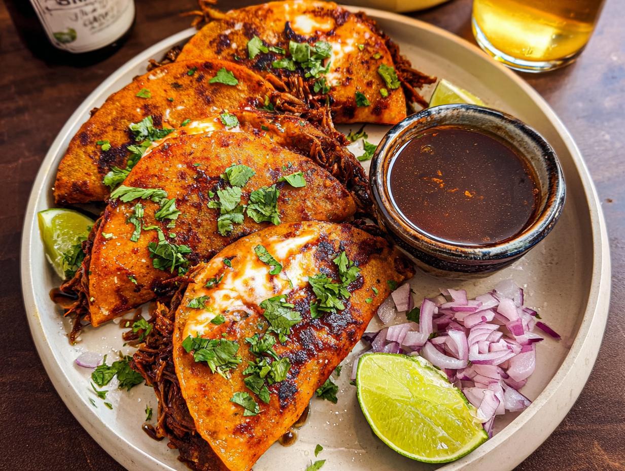 A plate of delicious My Fave Birria Tacos, garnished with cilantro and lime, served with a side of consommé and red onion.