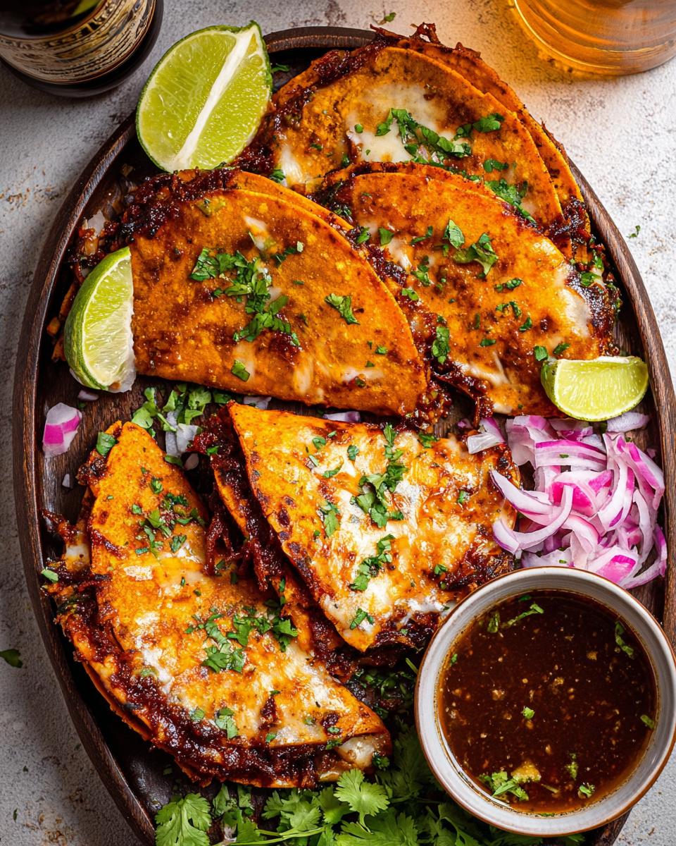 A wooden platter filled with delicious My Fave Birria Tacos, garnished with lime wedges, cilantro, and red onion.