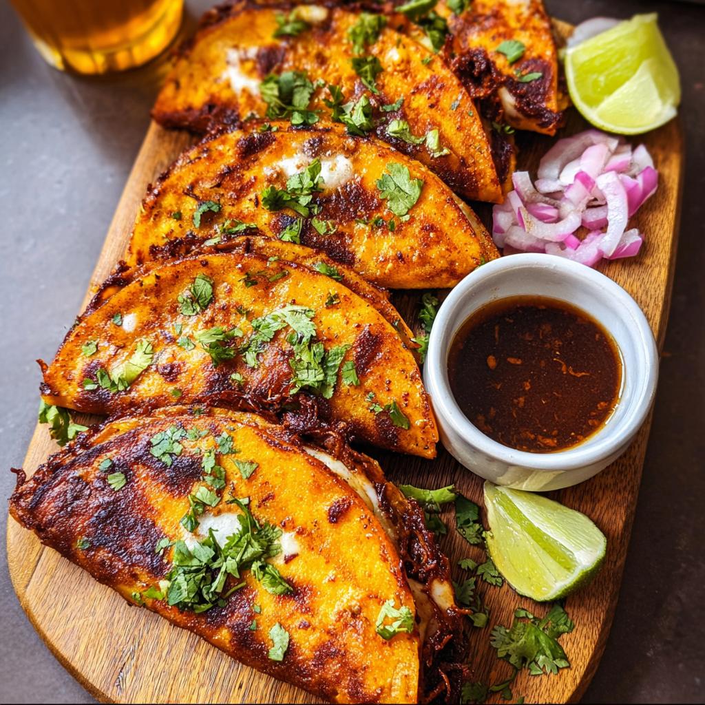 A close-up of My Fave Birria Tacos, perfectly crisped and garnished with cilantro, served with lime wedges, red onion, and dipping consommé.