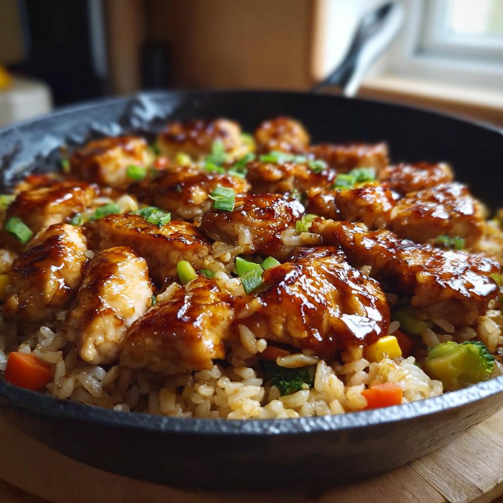 Close-up of a skillet filled with One-Pan Honey BBQ Chicken Rice, featuring glazed chicken pieces and mixed vegetables.