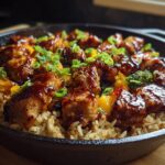 A close-up of One-Pan Honey BBQ Chicken Rice served in a cast-iron skillet, topped with green onions.