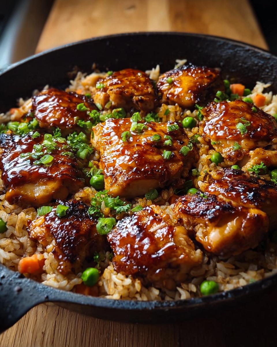 Close-up of a cast iron skillet filled with One-Pan Honey BBQ Chicken Rice, featuring glazed chicken pieces, rice, peas, and carrots.