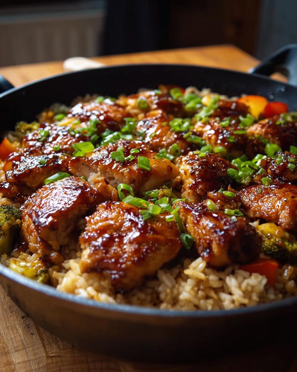 Close-up of a skillet filled with One-Pan Honey BBQ Chicken Rice, topped with chopped green onions.