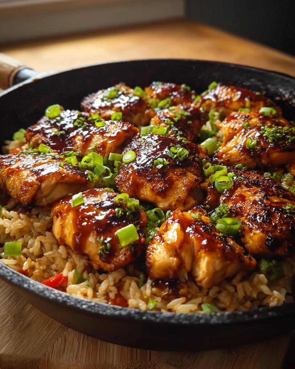 Close-up of a skillet filled with One-Pan Honey BBQ Chicken Rice, topped with glazed chicken pieces and chopped green onions.