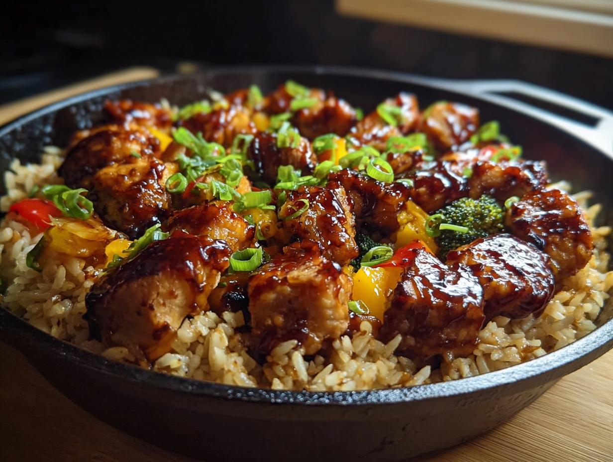 A close-up of One-Pan Honey BBQ Chicken Rice served in a cast-iron skillet, topped with green onions.
