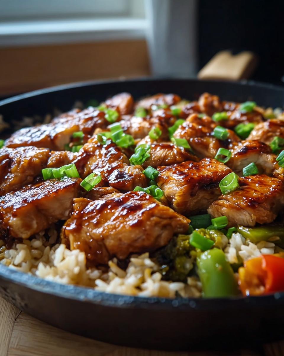Close-up of One-Pan Honey BBQ Chicken Rice with tender chicken pieces, rice, and colorful vegetables, garnished with green onions.