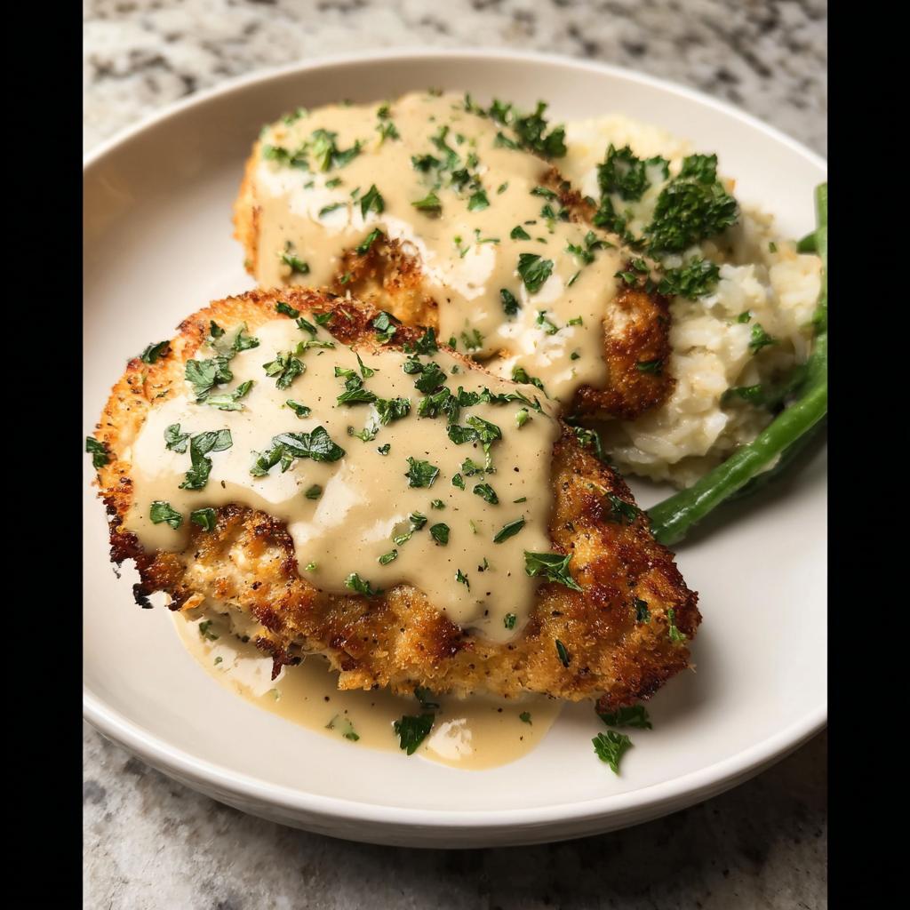 Two pieces of golden Parmesan Crusted Chicken topped with creamy garlic sauce and parsley, served with mashed potatoes and green beans.