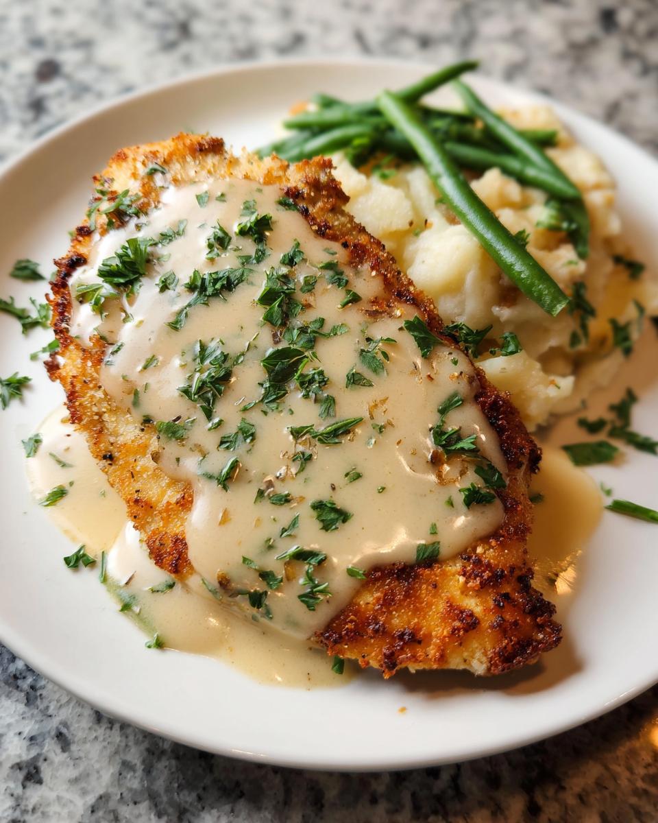 A delicious plate of Parmesan Crusted Chicken topped with creamy garlic sauce, served with mashed potatoes and green beans.