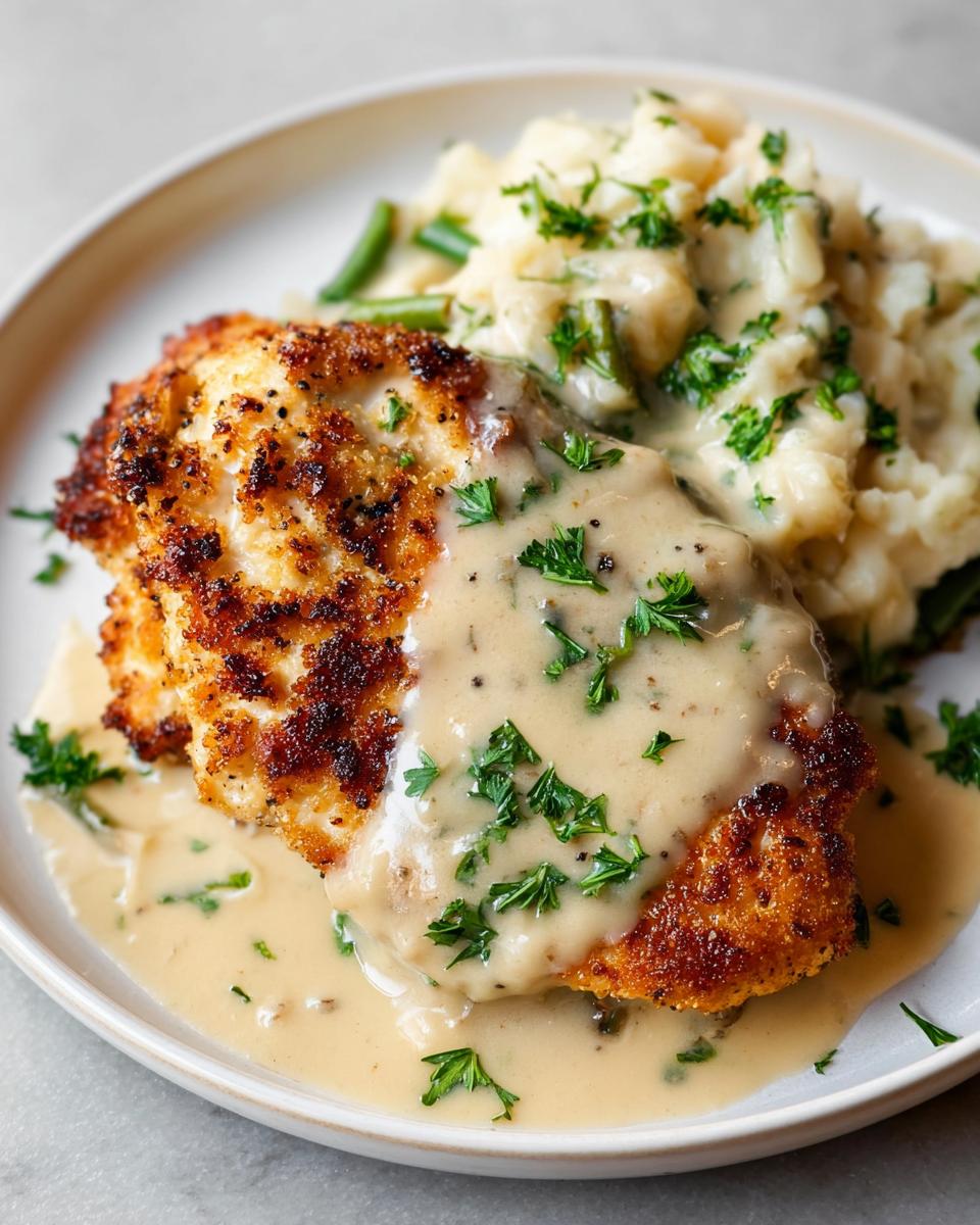 A plate of Parmesan Crusted Chicken served with mashed potatoes and green beans, topped with creamy garlic sauce and parsley.