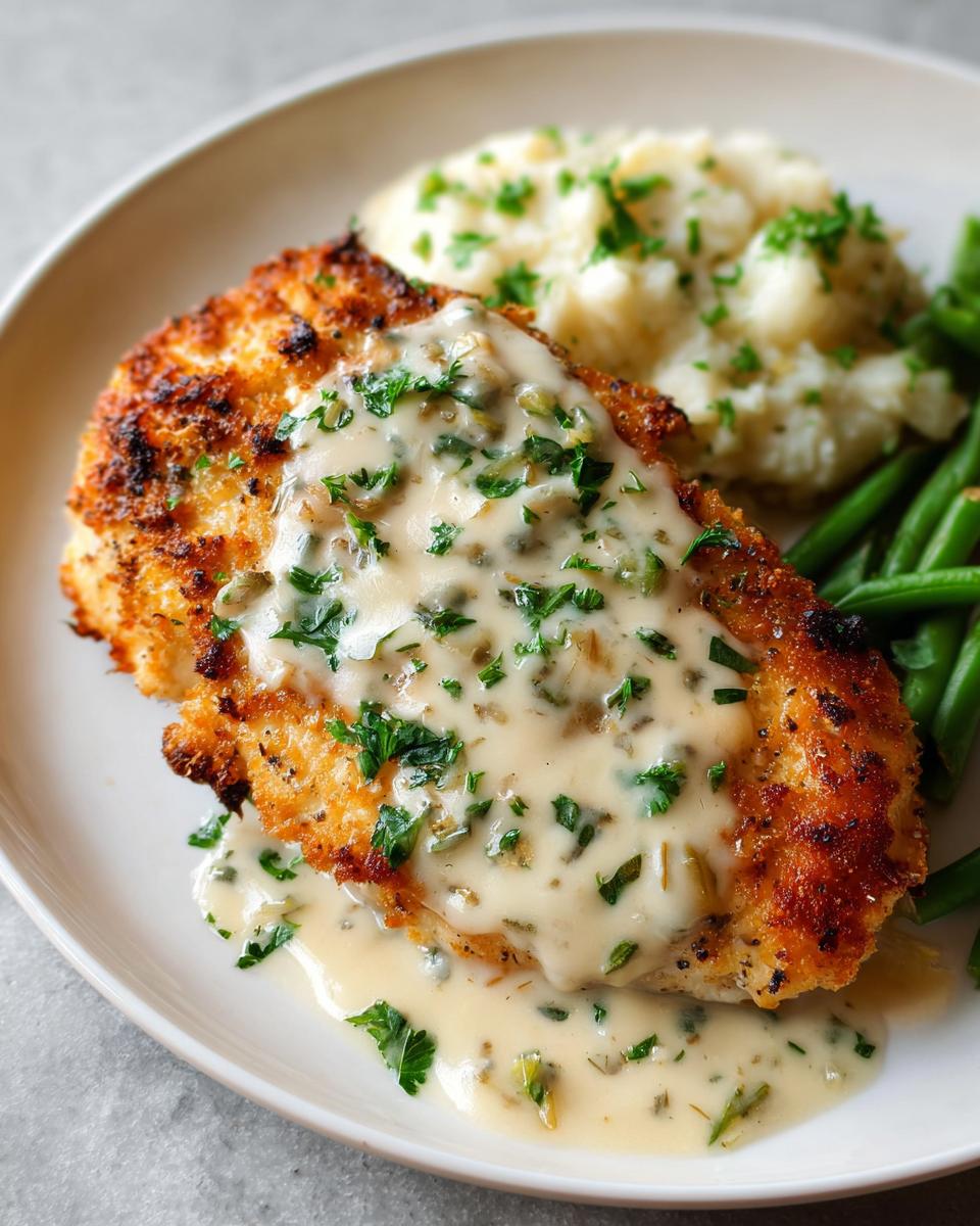 A golden Parmesan crusted chicken breast topped with creamy garlic sauce, served with mashed potatoes and green beans.
