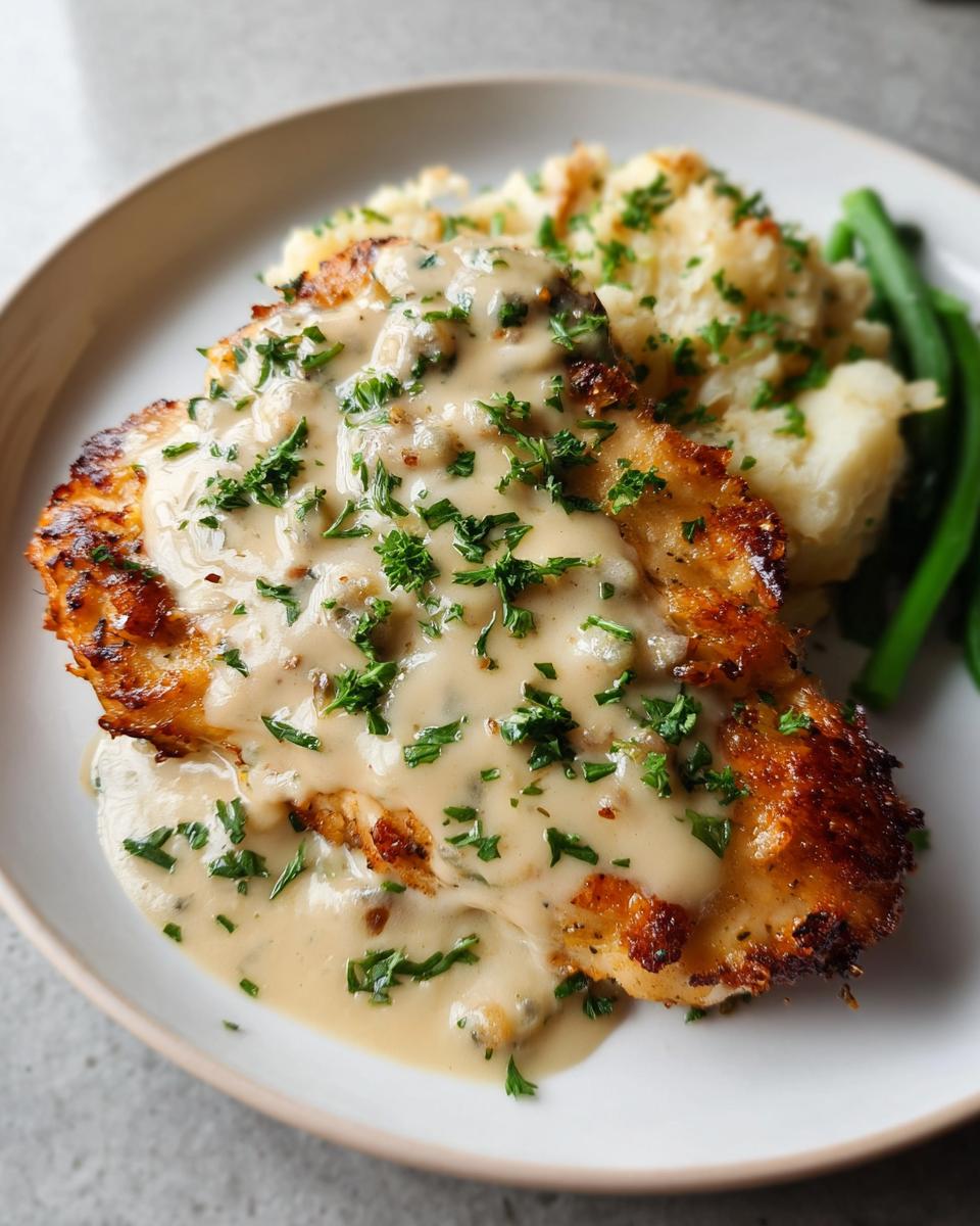 A golden-brown Parmesan crusted chicken breast smothered in creamy garlic sauce, served with mashed potatoes and green beans.