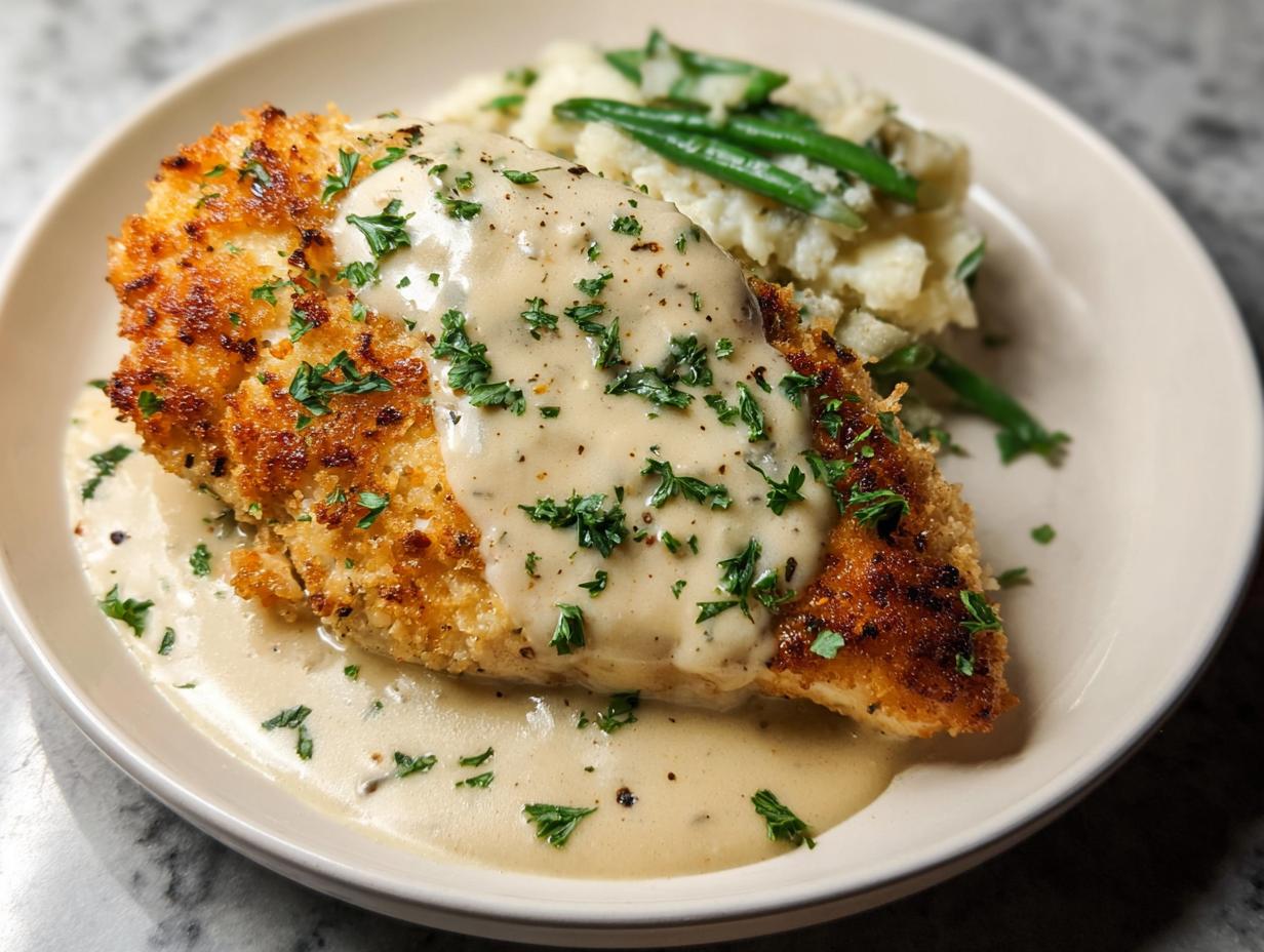 A golden Parmesan crusted chicken breast is smothered in creamy garlic sauce and served with mashed potatoes and green beans.