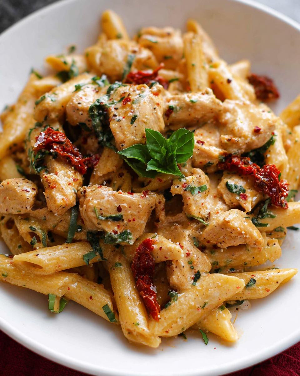 A close-up of creamy Parmesan Marry Me Chicken Pasta with penne, chicken pieces, sun-dried tomatoes, and basil.