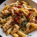 A creamy bowl of Parmesan Marry Me Chicken Pasta, featuring penne pasta, sliced chicken, and sun-dried tomatoes.
