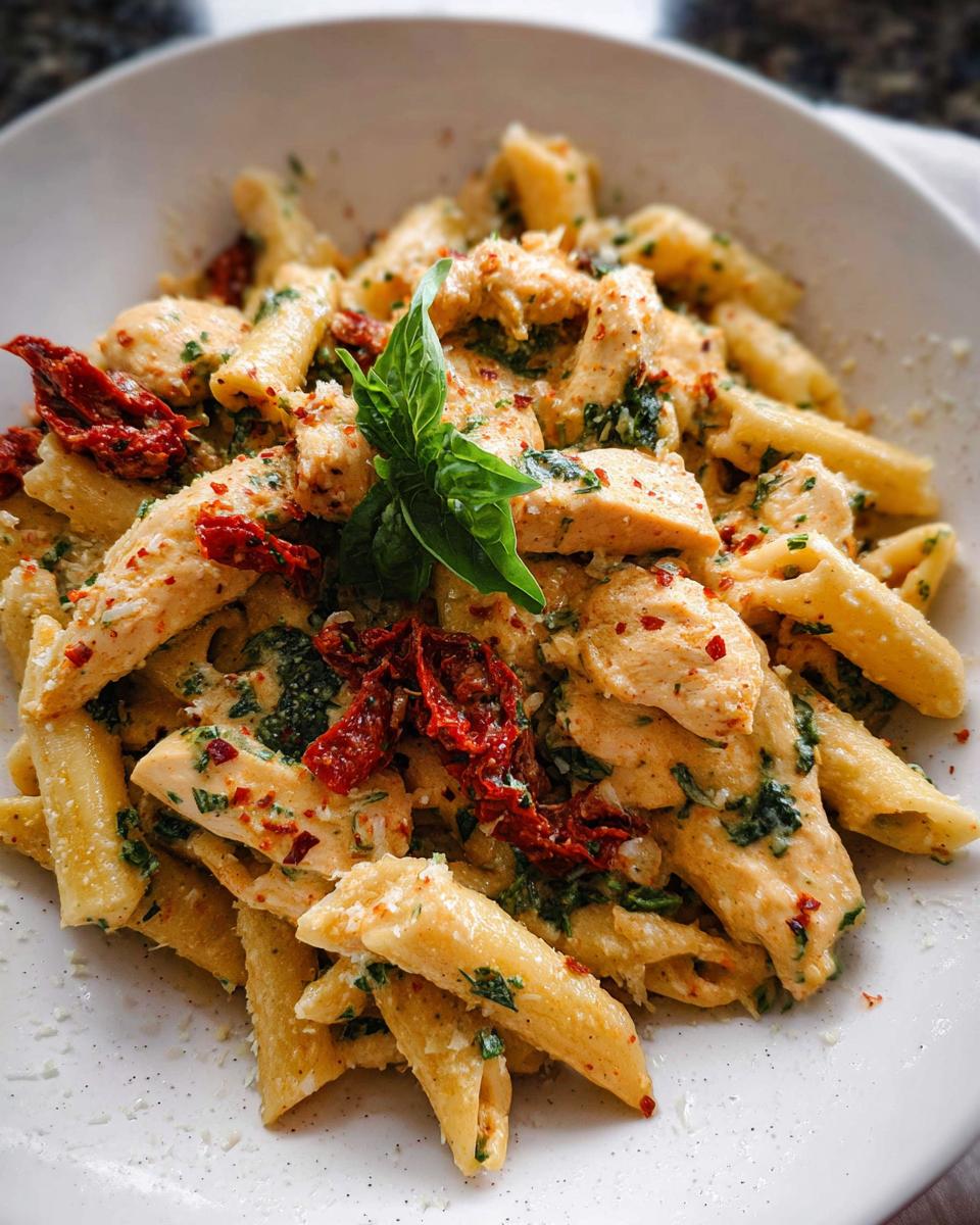 A bowl of creamy Parmesan Marry Me Chicken Pasta with penne, chicken pieces, sun-dried tomatoes, and basil.