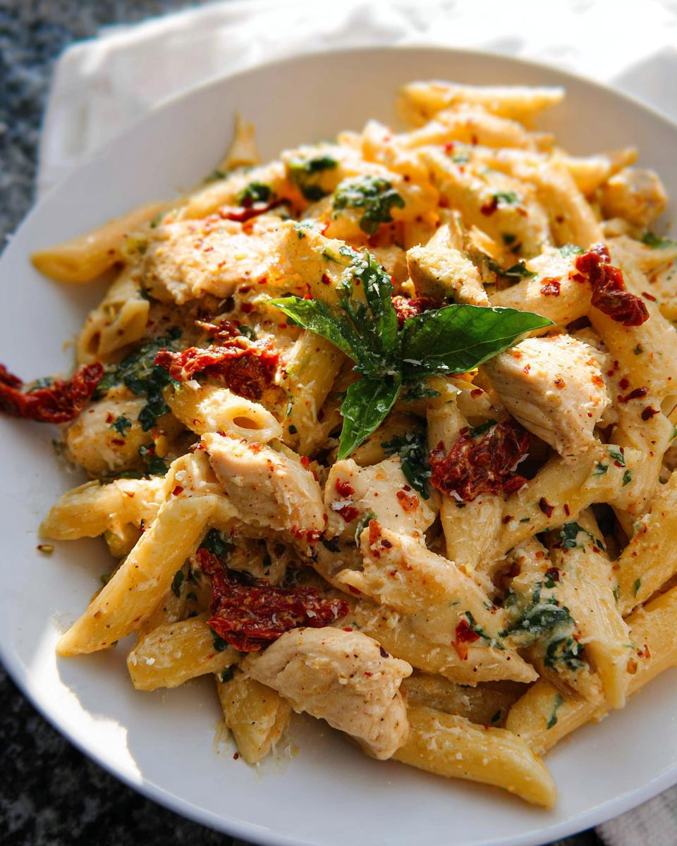 A creamy bowl of Parmesan Marry Me Chicken Pasta with penne, chicken pieces, sun-dried tomatoes, and basil.