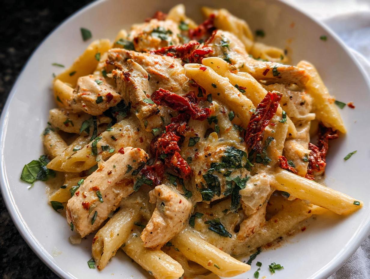 A creamy bowl of Parmesan Marry Me Chicken Pasta, featuring penne pasta, sliced chicken, and sun-dried tomatoes.