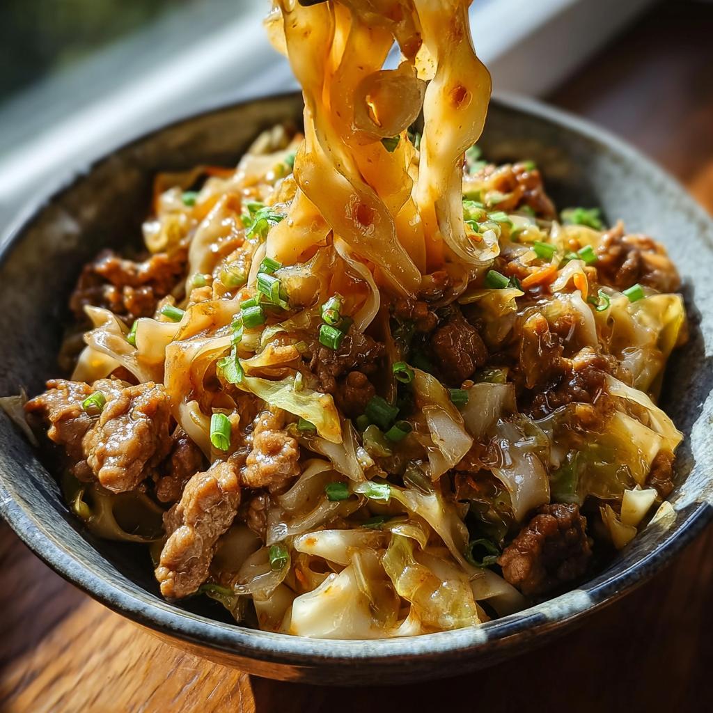 Close-up of a bowl of Potsticker Noodle Bowl with tender pork and fresh cabbage slaw, garnished with green onions.