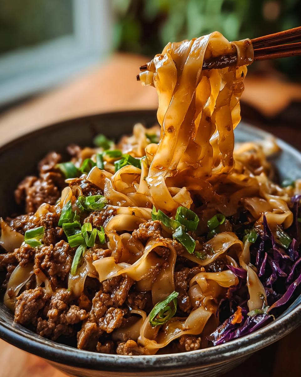 A close-up of a Potsticker Noodle Bowl with Pork & Cabbage Slaw, with noodles being lifted by chopsticks.