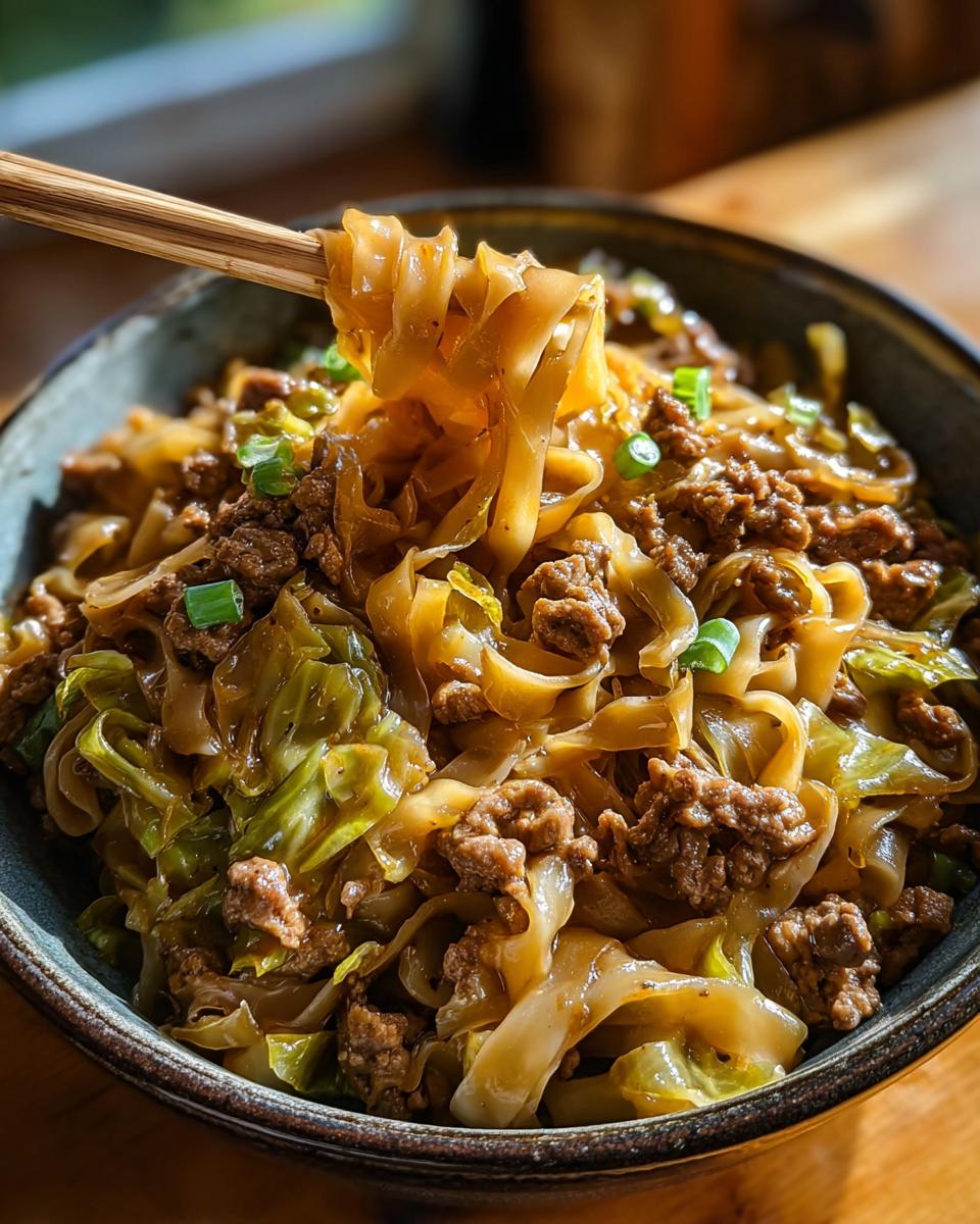 A close-up of a bowl of Potsticker Noodle Bowl with Pork & Cabbage, with noodles, ground pork, and cabbage being lifted by chopsticks.