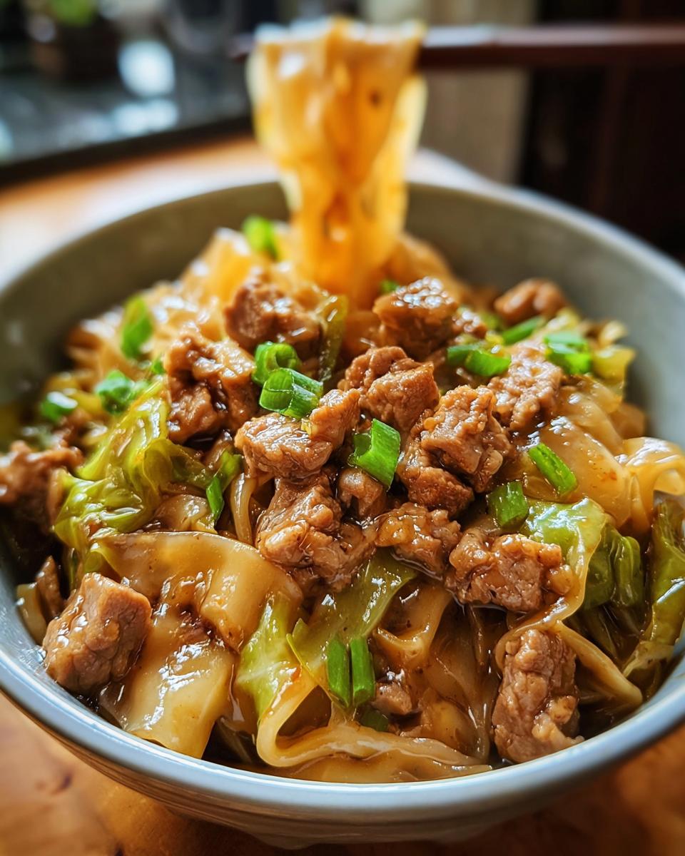 A close-up of a Potsticker Noodle Bowl with tender pork, wilted cabbage, and wide noodles, garnished with green onions.