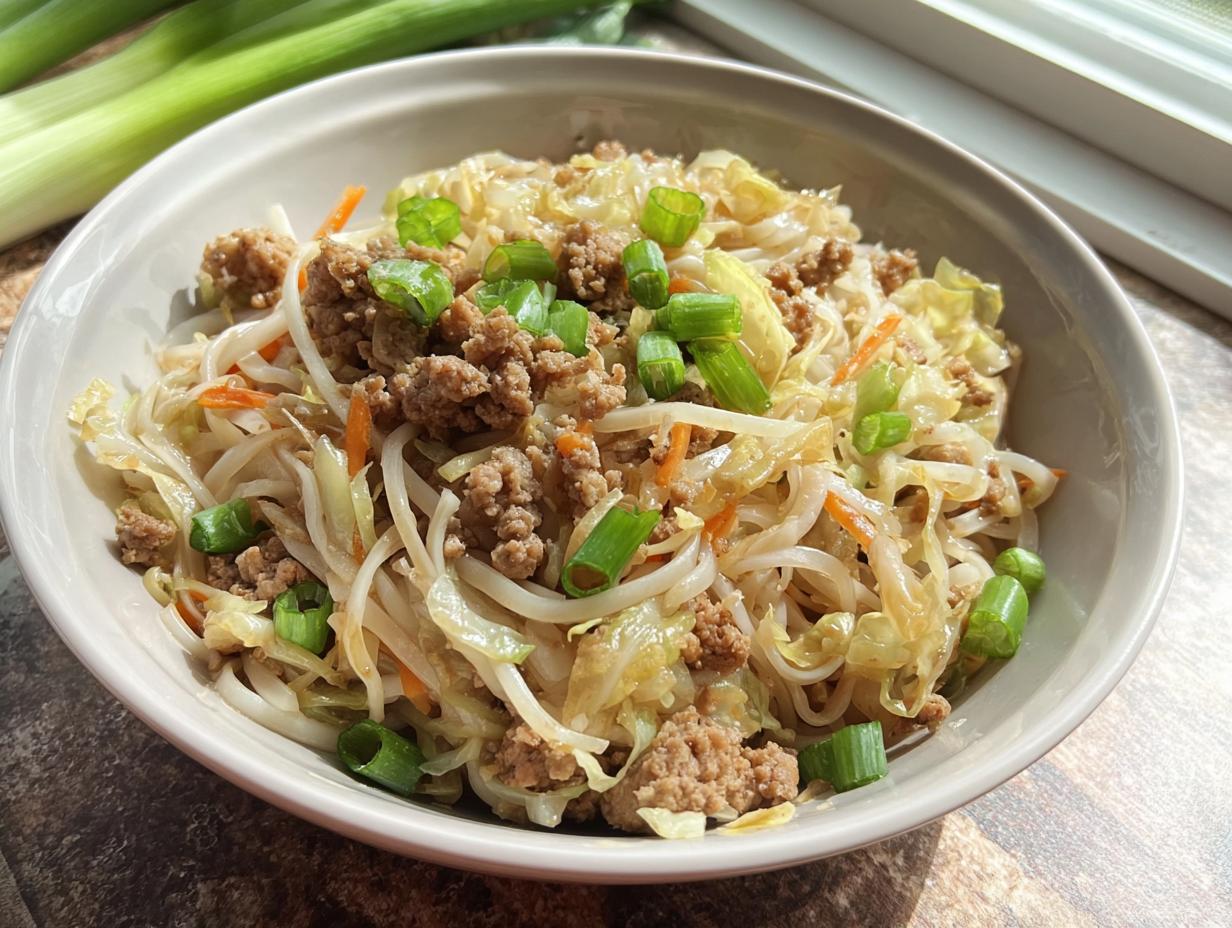 A close-up of a bowl filled with a Potsticker Noodle Bowl featuring ground pork, noodles, cabbage, and green onions.