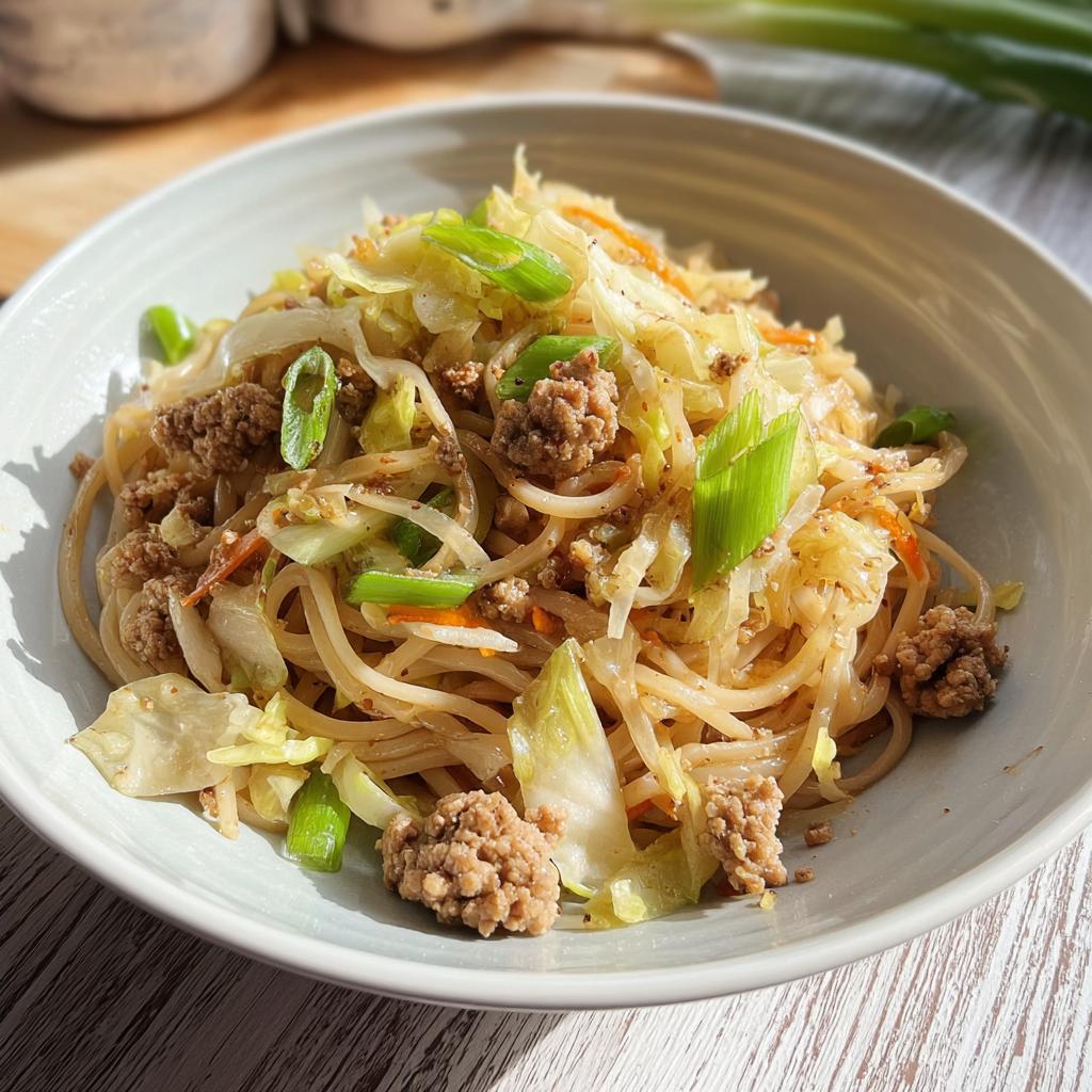 A close-up of a Potsticker Noodle Bowl with Pork & Cabbage Slaw, featuring noodles, ground pork, and shredded cabbage.