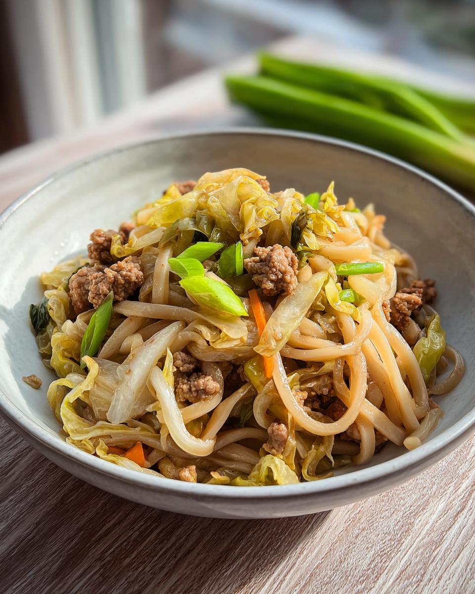A close-up of a bowl filled with Potsticker Noodle Bowl with Pork & Cabbage Slaw, featuring noodles, ground pork, and cabbage.