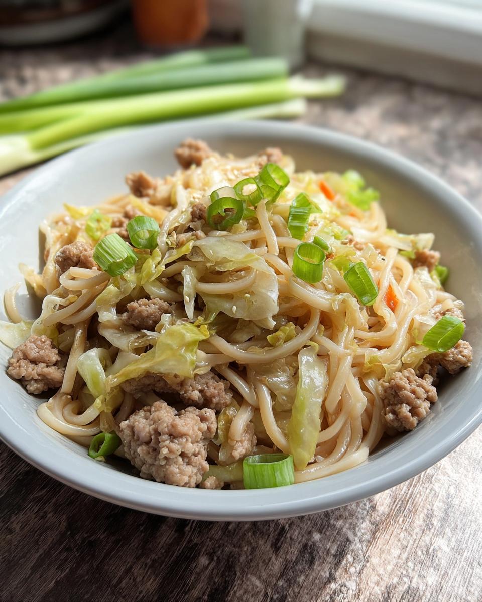 A close-up of a Potsticker Noodle Bowl with Pork & Cabbage Slaw, featuring noodles, ground pork, cabbage, and green onions.