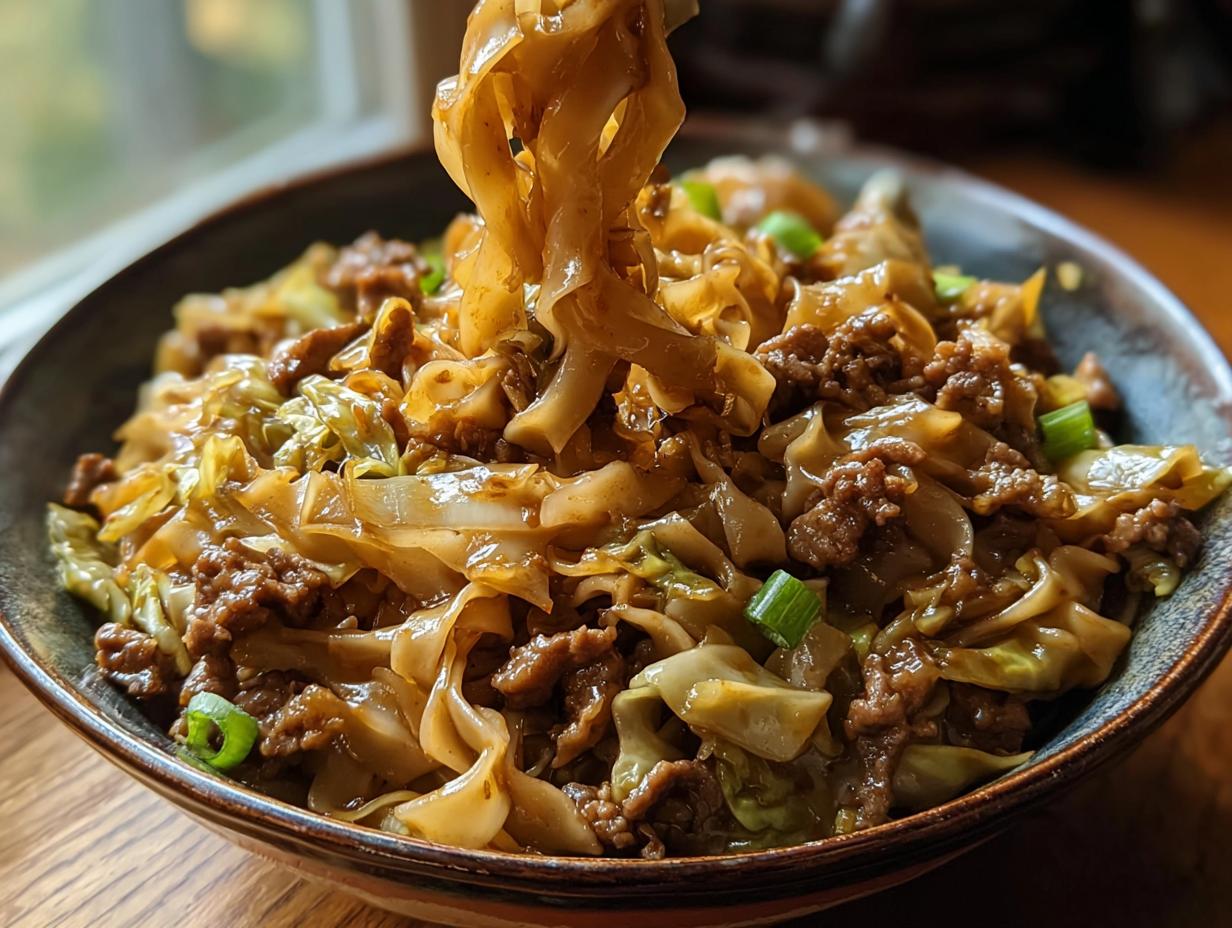 A close-up of a bowl of Potsticker Noodle Bowl with Pork & Cabbage, with noodles being lifted by chopsticks.